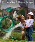 Freestanding Garden Hose Holder for Outdoor Use with green hose, sturdy metal construction, in a yard setting