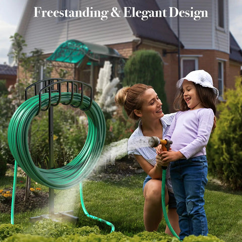Freestanding Garden Hose Holder for Outdoor Use with green hose, sturdy metal construction, in a yard setting