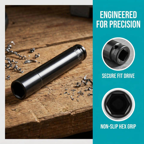 2-Pack Half Inch Impact Socket Set With O-Rings And Retaining Pins, on wood with hex grip detail and secure drive feature