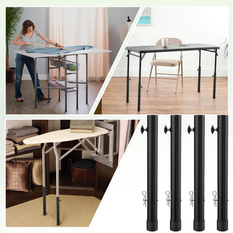 Heavy Duty Table Leg Extenders For Folding Tables Featuring Four Adjustable Heights To Kick Back Pain To The Curb And Unlock Versatile Workspace Options Includes Rugged 4 Pack Zero Hassle Setup in different uses showing adjustable legs.