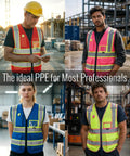 Lit Hi Vis Safety Vest For Men And Women In Hot Pink, Slick Zip Up Front, Built In Utility Pockets, Ultra Breathable Mesh Fabric, And Extra Wide Reflective Strips That Hit Ansi Standards For Xl Fit in a workplace setting with various users.