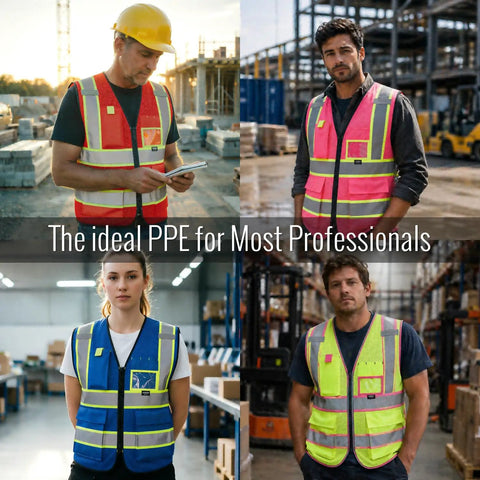 Lit Hi Vis Safety Vest For Men And Women In Hot Pink, Slick Zip Up Front, Built In Utility Pockets, Ultra Breathable Mesh Fabric, And Extra Wide Reflective Strips That Hit Ansi Standards For Xl Fit in a workplace setting with various users.