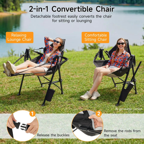 Two women using Heavy Duty Hammock Camping Chair With Removable Footrest And Cup Holder, one lounging, one sitting, outdoors