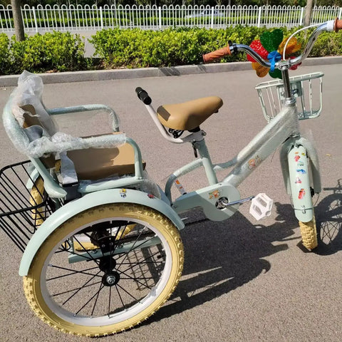 Outdoor Cruiser Tricycle For Travel And Fun Ride Ready Three Wheel Pedal Trike With Pneumatic Tires And Spoke Wheel Back Seat Tandem Style Adjustable Height Single Brake 20 Inch Light Green in parking area.