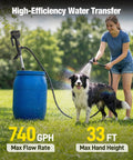 Heavy Duty Tough As Nails Cordless Stick Water Transfer Pump For Gasoline Diesel And Fuel Liquid Moving Tool Only Compatible With 20 Volt Power Tools No Sweat used to water a dog from a blue barrel outdoors.