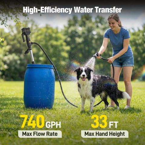 Heavy Duty Tough As Nails Cordless Stick Water Transfer Pump For Gasoline Diesel And Fuel Liquid Moving Tool Only Compatible With 20 Volt Power Tools No Sweat used to water a dog from a blue barrel outdoors.