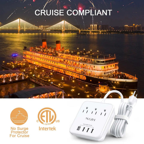 Six Foot Power Strip With Three Outlets And Four USB Ports Including One USB C For Cruise Ship Travel ETL Listed White