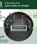 Bottom view of Roomba 105X Robot Vacuum showing multi-surface bristle brush and edge-sweeping brush with intense suction.
