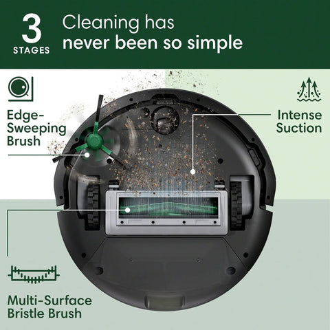 Bottom view of Roomba 105X Robot Vacuum showing multi-surface bristle brush and edge-sweeping brush with intense suction.