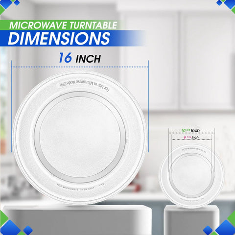 16 Inch Microwave Turntable Plate Replacement Fits WB49X10166 Glass Plate shown with dimensions in kitchen setting