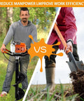 Man using Gas Powered 62cc Auger Post Hole Digger with bits next to manual digging comparison, focus on efficiency.