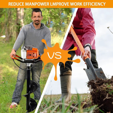 Man using Gas Powered 62cc Auger Post Hole Digger with bits next to manual digging comparison, focus on efficiency.