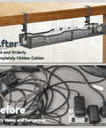 Comparison of messy cables before and organized cords in No-Drill Under Desk Cable Tray Organizer, 25.3 Inch Metal Wire Management Tray.