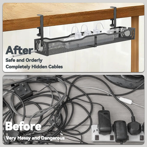 Comparison of messy cables before and organized cords in No-Drill Under Desk Cable Tray Organizer, 25.3 Inch Metal Wire Management Tray.