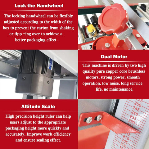 Fast As Heck Automatic Tape Sealer For Boxes Continuous Carton Packing Machine showing adjustable handwheel and dual motor functionality.
