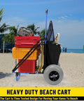 Beach Wagon Cart With 13 Inch Balloon Wheels, 165 Pound Load, Folding Sand Cart, carrying beach gear on sand.
