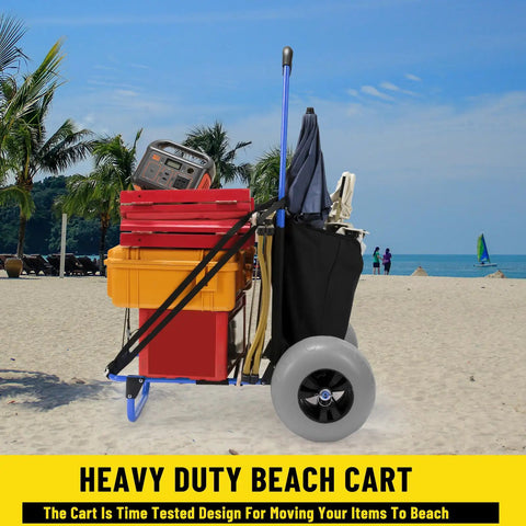 Beach Wagon Cart With 13 Inch Balloon Wheels, 165 Pound Load, Folding Sand Cart, carrying beach gear on sand.