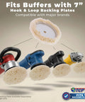 3 Pack 8 Inch 100 Percent Wool Buffing And Polishing Pad With Hook And Loop Backing For Heavy Cutting And Polishing Oxidized Paint And Orange Peel On Cars Boats Trucks RVs And Marine Surfaces, displayed with buffers.