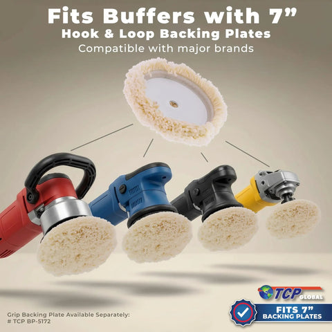3 Pack 8 Inch 100 Percent Wool Buffing And Polishing Pad With Hook And Loop Backing For Heavy Cutting And Polishing Oxidized Paint And Orange Peel On Cars Boats Trucks RVs And Marine Surfaces, displayed with buffers.