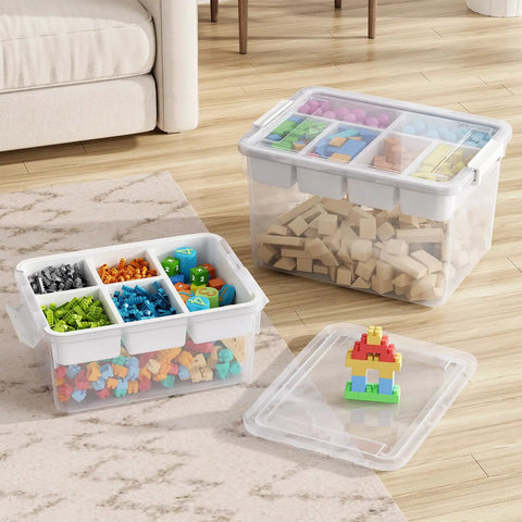Stackable 40Qt Storage Bins With Lids And Trays holding colorful arts and crafts materials in a living room setting, 2 pack