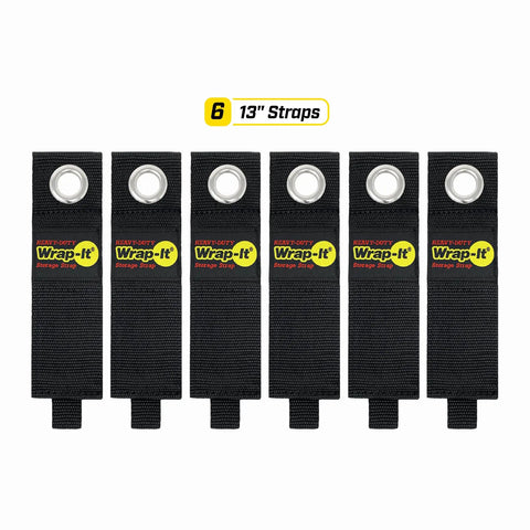 Heavy-Duty Cord Wrap Straps 13 Inch Six Pack Hook And Loop Cable Organizer in black, displayed in a row with labels visible.