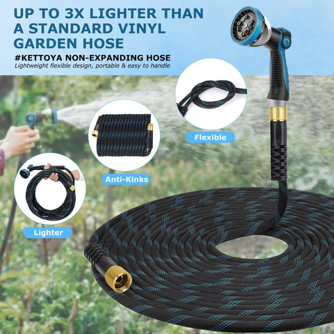 Non Expanding Garden Hose 150 Ft With Ten Pattern Spray Nozzle, Kink Free Flexible Water Hose, Lightweight And Durable, Leak Proof, Three Quarter Inch Swivel Connectors, Strong Fabric, Portable Storage Strap, Perfect For Yard And Garden. coiled