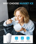 Person enjoying ice from Countertop Nugget Ice Maker With App Control And Self Cleaning, Ready In 7 Minutes, Produces 40lbs Per Day.