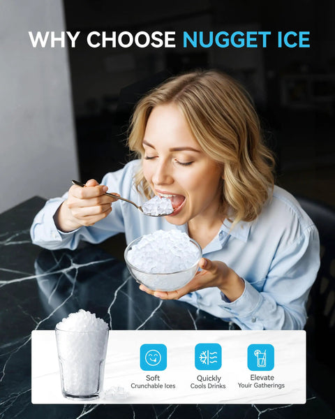 Person enjoying ice from Countertop Nugget Ice Maker With App Control And Self Cleaning, Ready In 7 Minutes, Produces 40lbs Per Day.