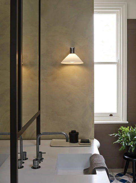 Conic Geometric Bathroom Wall Light In Polished Chrome Damp Rated G9 Vanity Fixture Dimmable Sconce mounted beside mirror