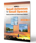 Book cover of 'ARRL's Small Antennas for Small Spaces' with images of antenna installations against a sunset background.