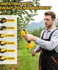 Cordless Electric Pruning Shears For DeWalt 20V Max Systems demonstrated by user, cutting branches in orchard setting.