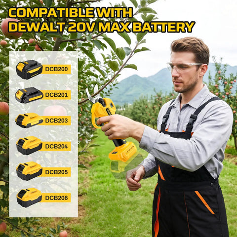 Cordless Electric Pruning Shears For DeWalt 20V Max Systems demonstrated by user, cutting branches in orchard setting.