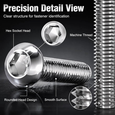 Close-up of 304 Stainless Steel M2 Hex Socket Screws Pan Head 25Mm Length Heavy Duty Hardware with hex socket and machine thread.