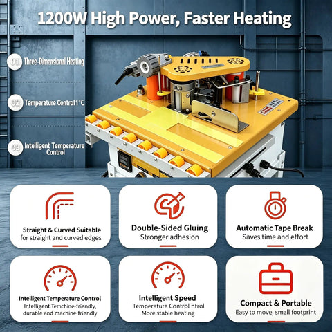Heavy Duty Portable Edge Banding Machine With Automatic Tape Cutting For Straight And Curved Woodworking Projects, showing 1200W heating features.