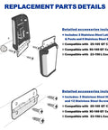 Diagram of stainless steel cooler hinge and latch set replacement parts kit for ice chests, including screws and dimensions.