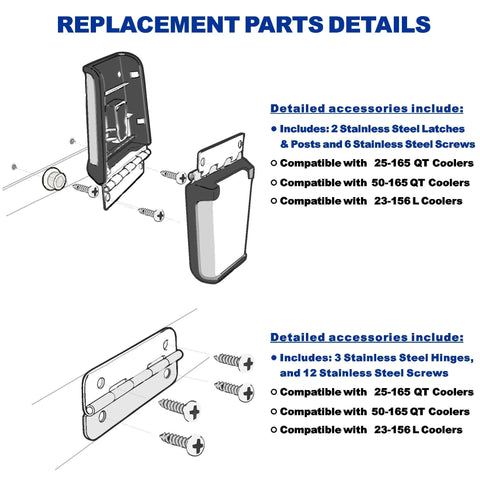 Diagram of stainless steel cooler hinge and latch set replacement parts kit for ice chests, including screws and dimensions.