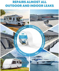 Diagram showing RV Roof Sealant Tape 4 Inch by 50 Foot White Pack of 2 repairing leaks on RVs, roofs, skylights, and boats.