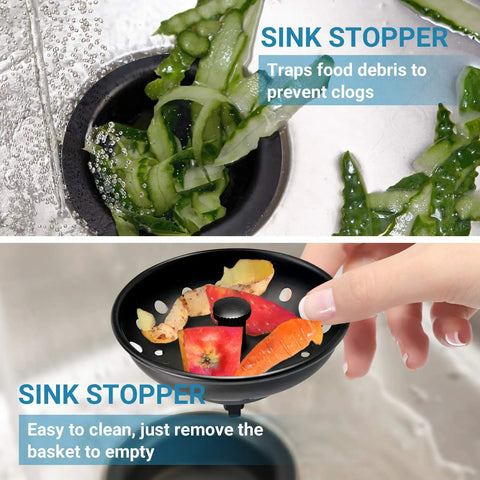 Matte Black Stainless Steel Sink Basket Strainer Stopper, 2 Pack, universal kitchen drain strainer with anti-clog feature