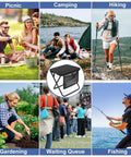 Collage of outdoor activities with Ultralight Folding Camp Stool With Side Pocket And Carry Bag for travel, fishing, and outdoors.
