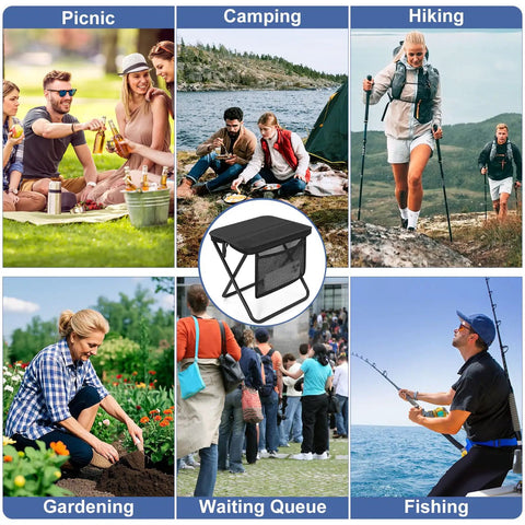 Collage of outdoor activities with Ultralight Folding Camp Stool With Side Pocket And Carry Bag for travel, fishing, and outdoors.
