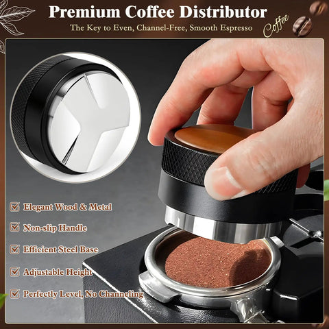 Premium Eight Piece Espresso Accessories Kit With 58Mm Tamper And Pro Distributor For Breville Gaggia Machines Making Legit Shots All Day Fly Barista Gear That Truly Slaps, featuring a coffee distributor in use.