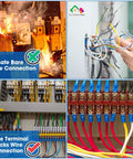 Comparison showing unsafe bare wire connections and safe terminal blocks using 12 Pack 10 Position Screw Terminal Blocks with Covers.