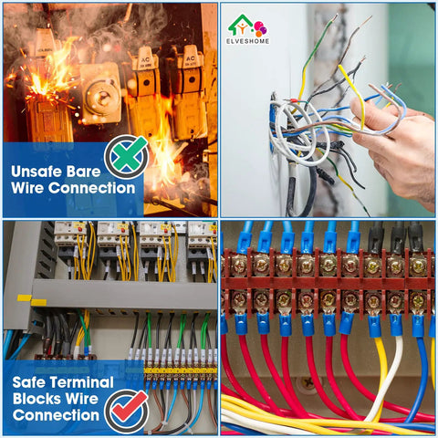 Comparison showing unsafe bare wire connections and safe terminal blocks using 12 Pack 10 Position Screw Terminal Blocks with Covers.