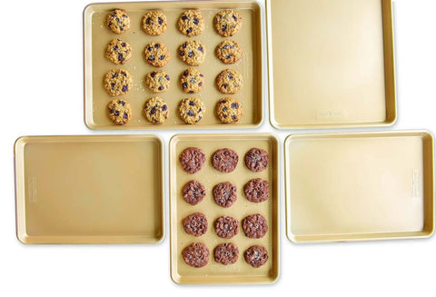 Nonstick Aluminum Half Sheet Pan 13 By 18 Inches With Reinforced Steel Rim For Even Baking And Easy Release, shown with cookies.