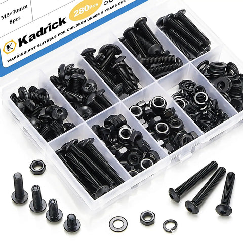 M5 Screw Kit 280Pcs with Nuts Lock Washers Flat Washers Grade 10.9 Alloy Steel Hex Socket Button Head Black Screws