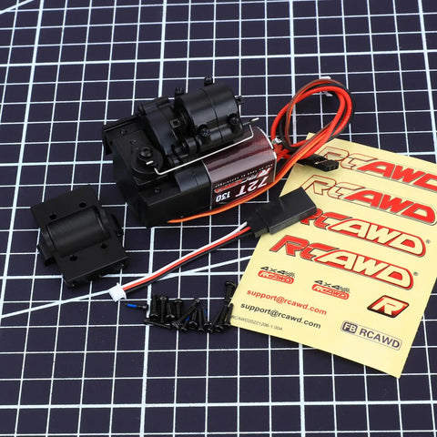 Full Metal 2 Speed Transmission Gearbox with base, screws, cables, and decals for 1/18 FMS Crawler Parts, black all-metal housing visible