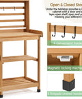 Large Outdoor Potting Bench With Storage Cabinet featuring hooks, magnetic lock, and wood legs, fir wood material shown in detail.