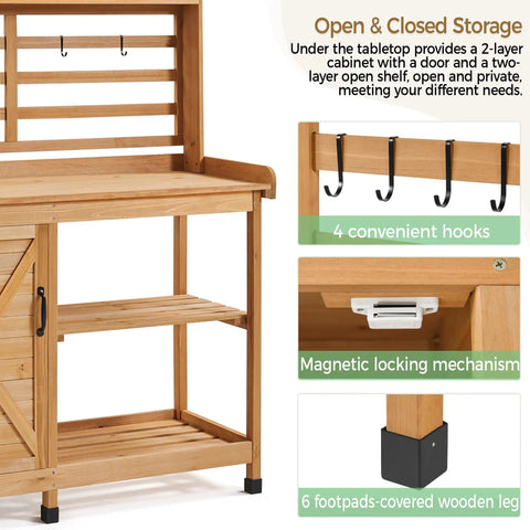 Large Outdoor Potting Bench With Storage Cabinet featuring hooks, magnetic lock, and wood legs, fir wood material shown in detail.