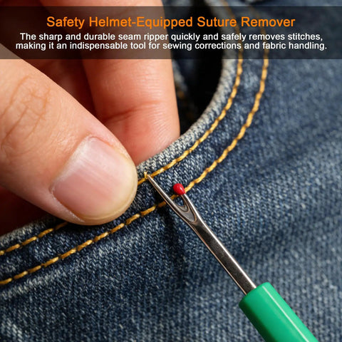 Close-up of a seam ripper from the sewing machine cleaning kit in use on denim for easy stitch removal.