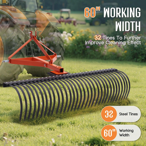 3 Point Tow Behind Rake With 60 Inch Width And 32 Steel Tines, Adjustable Angle Lawn Dethatcher and Landscape Rake attached to a tractor